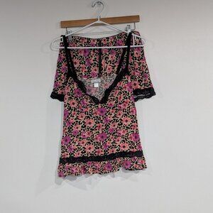 Rene Rofe Floral Animal Print Lace Sleep Set Tank & Shorts Black Pink Size Large